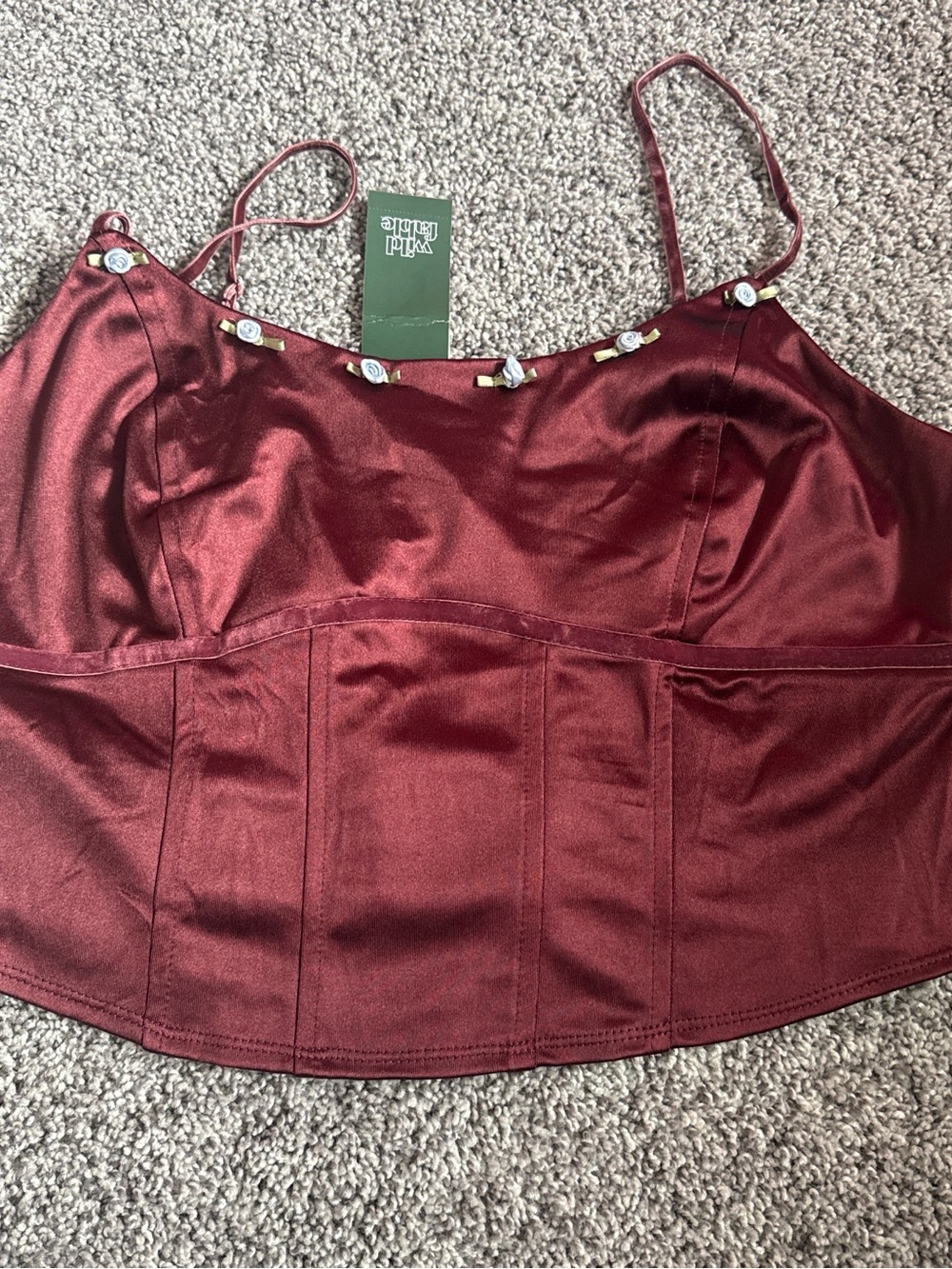 Wild fable Burgundy Satin Smocked Corset Crop Top with blue flower Trim